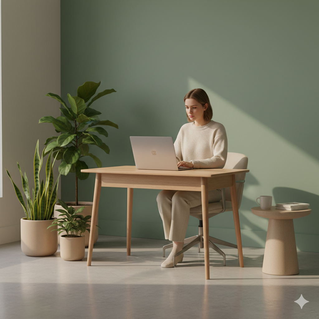Woman working on a laptop at a wooden desk with potted plants and a side table with a mug and books in a room with green walls and natural light.