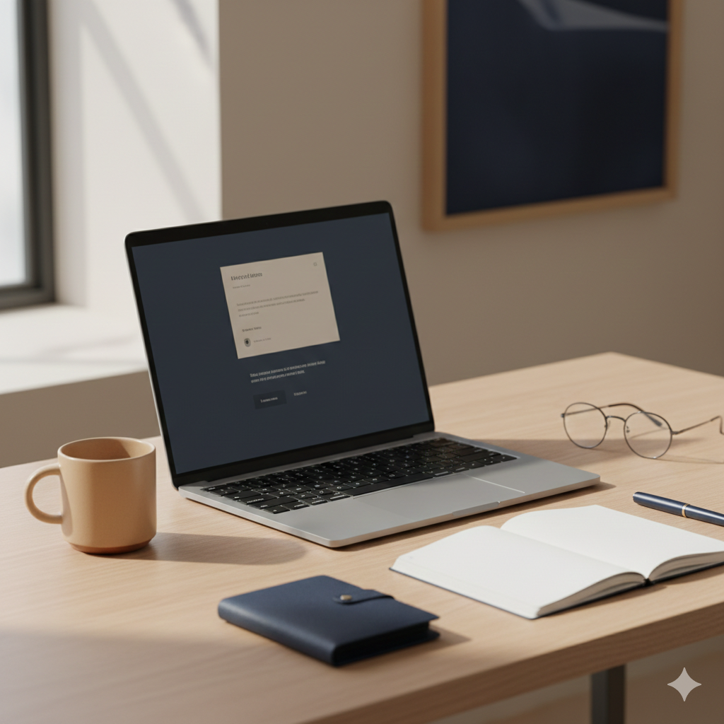 desk with laptop, notebook, pen, coffee mug and glasses.
