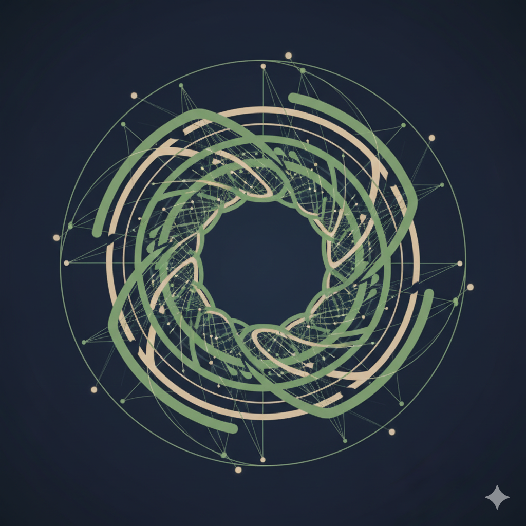 A digital abstract art piece featuring a circular pattern with interconnected lines and shapes in green and white on a dark background.
