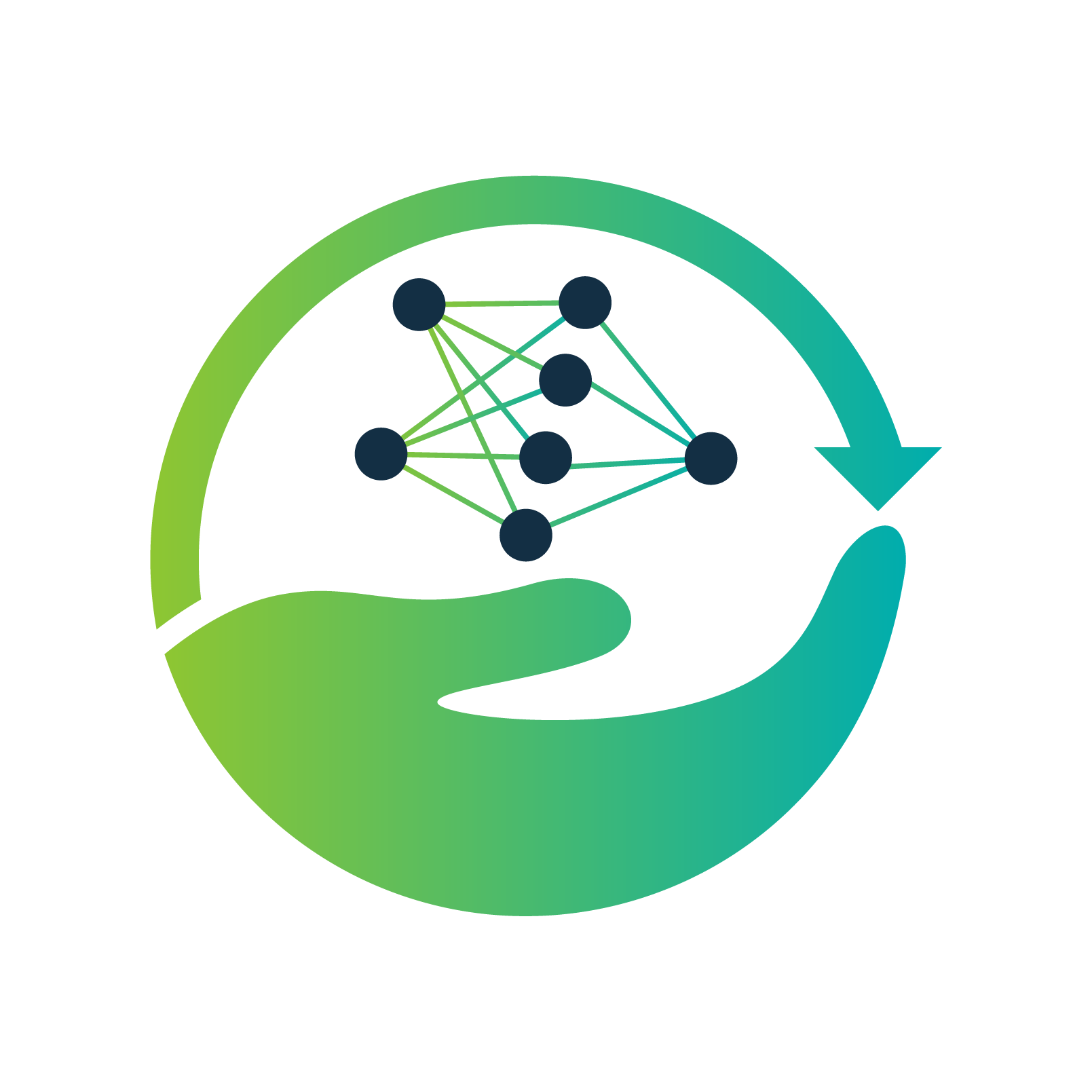 Illustration of a brain network with connected nodes inside a stylized human head outline with a hand underneath, symbolizing artificial intelligence or machine learning.