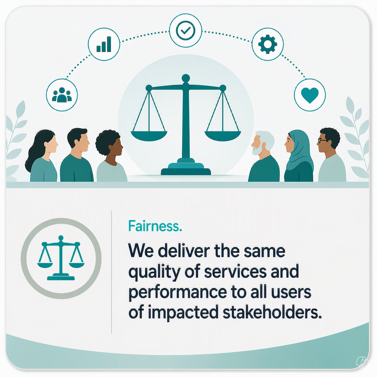 Balanced scales symbol representing fairness in AI, with a diverse group of people on both sides, illustrating equal treatment and consistent outcomes across different users and stakeholders