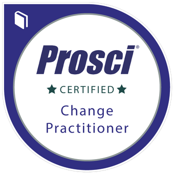 Prosci Certified Change Practitioner badge with a blue and white design.