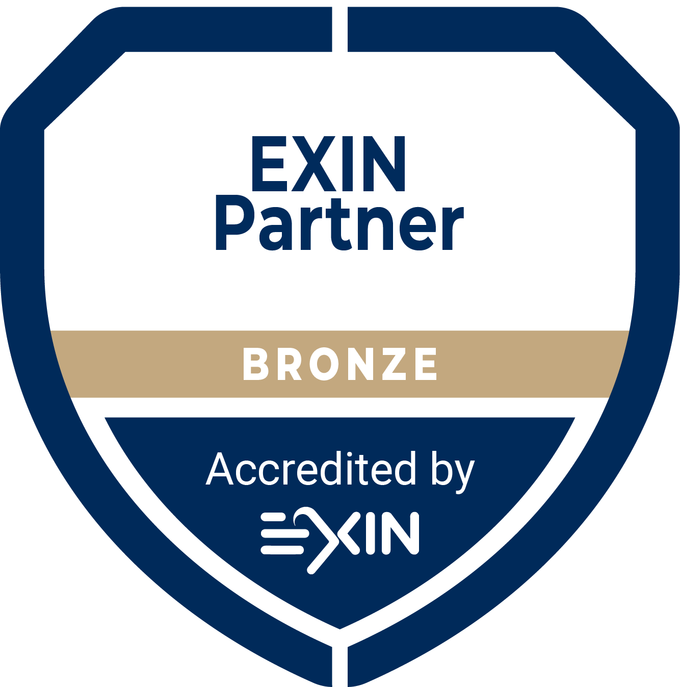 A badge with a dark blue border, displaying the words 'EXIN Partner' in blue text, a gold band with the word 'BRONZE', and the phrase 'Accredited by EXIN' at the bottom, all indicating a bronze partnership accreditation.