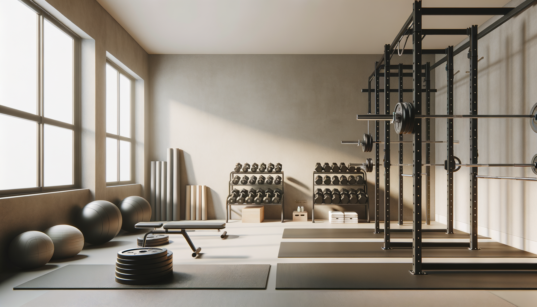 Empty modern gym with large windows, black weight rack, barbells, dumbbells, exercise balls, mats, and workout equipment neatly organized