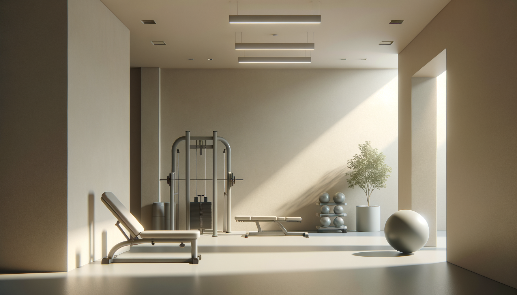 A minimalistic, modern gym or fitness room with exercise equipment, a potted plant, and natural sunlight streaming in.