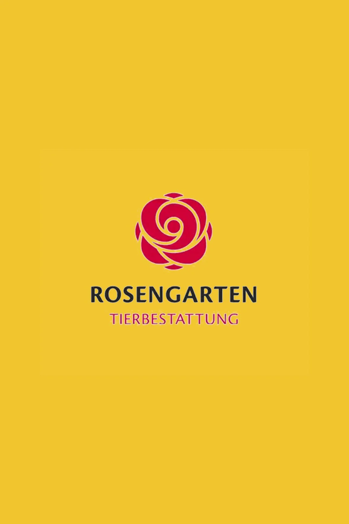 Logo einer Tierbestattungsfirma namens Rosengarten mit rosa Rosen-Design auf gelbem Hintergrund.