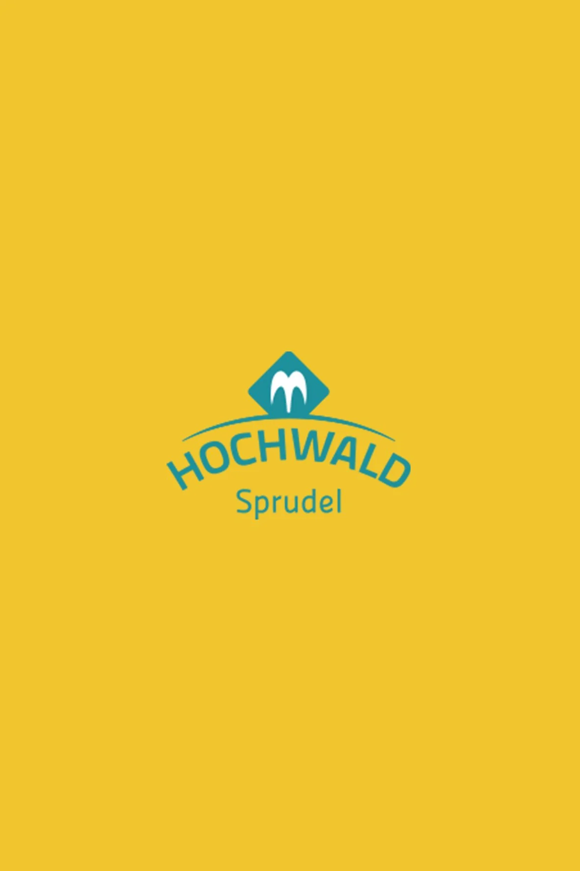 Gelber Hintergrund mit einem blauen Logo und der Aufschrift 'HOCHWALD Sprudel'