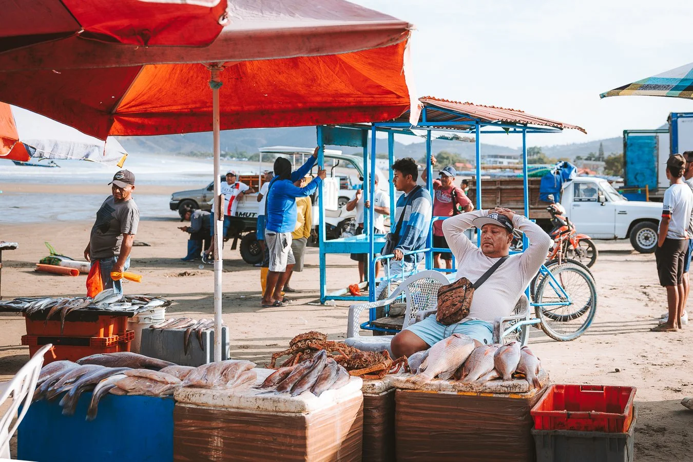 Marktstand mit frischem Fisch und Krebsen an einem Strand, Menschen verkaufen und kaufen Meeresfrüchte, im Hintergrund Strand, Meer und Händler unter Sonnenschirmen.