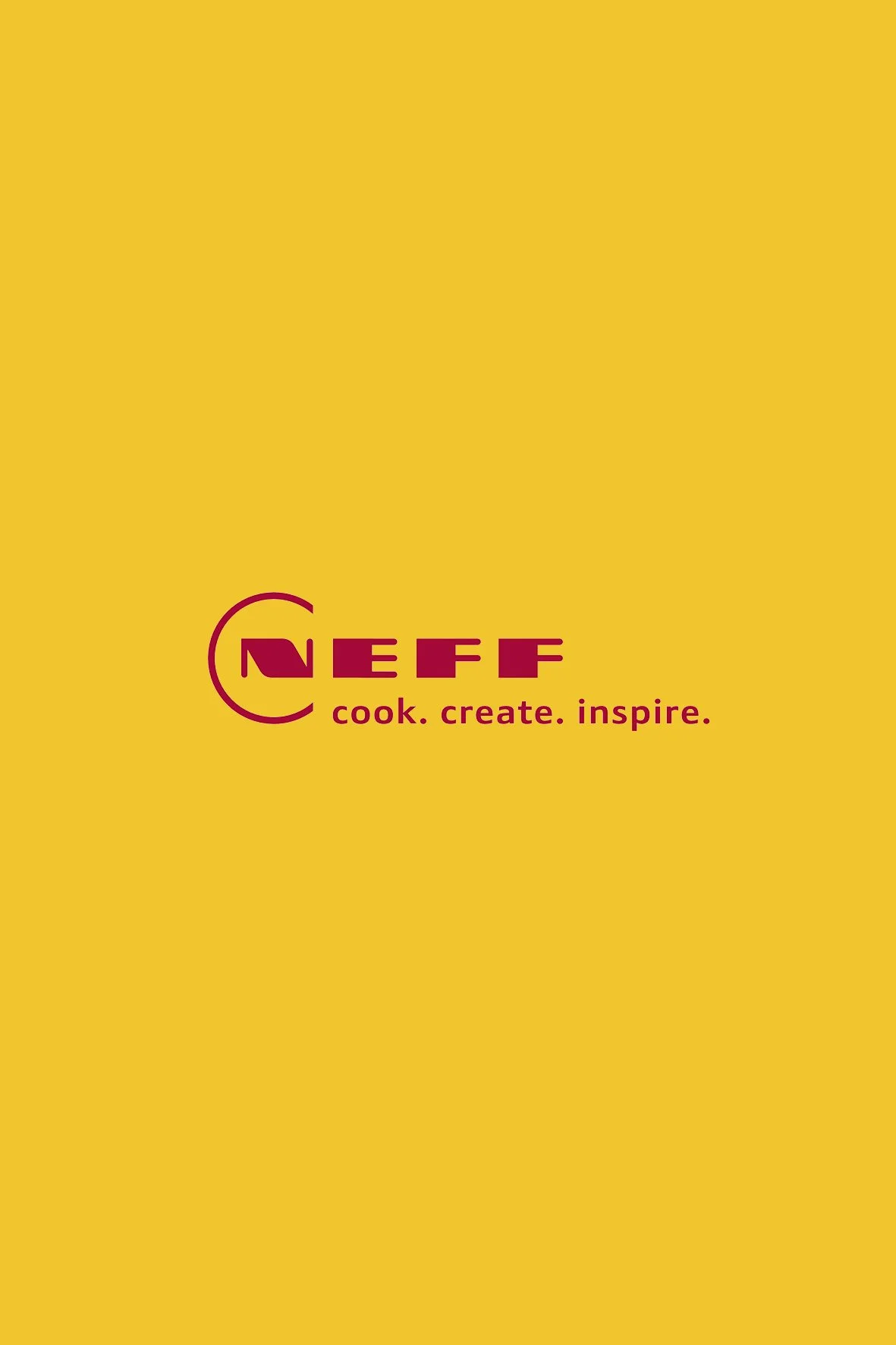 Gelber NEFF Werbespot mit Slogan 'cook. create. inspire.' in roter Schrift.