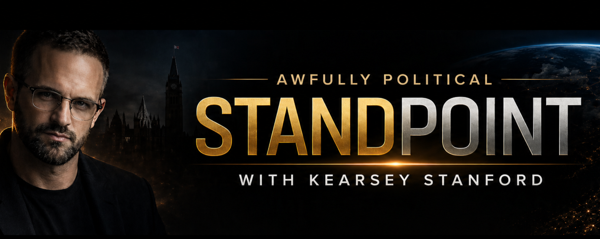 Podcast cover featuring a man with glasses and a beard, text 'Awfully Political Standpoint with Kearsey Stanford' over a dark, cityscape background with the London skyline and Earth.