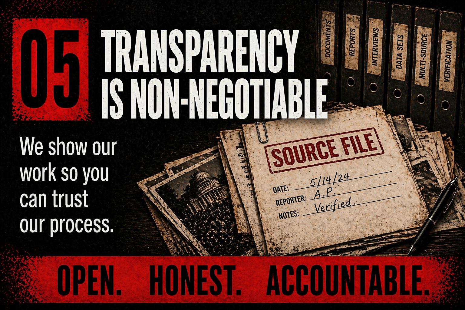 Transparency in journalism and politics, verified sources, reporting standards, and accountability
