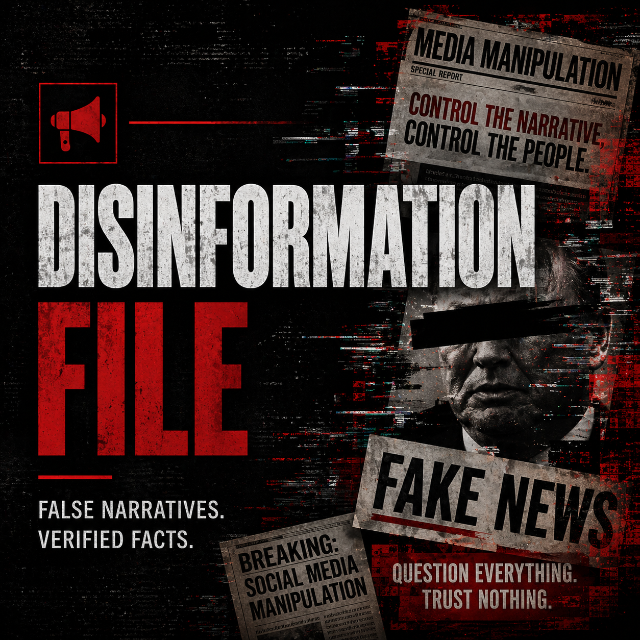 Graphic about disinformation with the words 'media manipulation,' 'control the narrative,' and 'control the people.' Includes headlines like 'Fake News' and 'Breaking: Social Media Manipulation,' with a person wearing sunglasses and a blacked-out face. Red, black, and white color scheme.