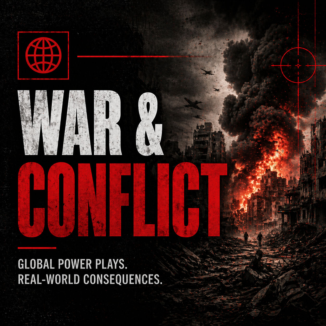 A war scene with a burning city, smoke, explosions, fighter jets, and a military target scope overlay. Text reads 'War & Conflict' and 'Global power plays. Real-world consequences.'