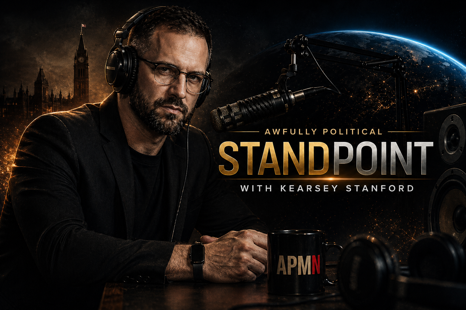 A man wearing glasses and headphones sitting at a desk with a microphone and a black mug that says 'APMN', with cityscape and Earth in the background, promoting a podcast titled 'Standpoint with Kearsey Stanford'.