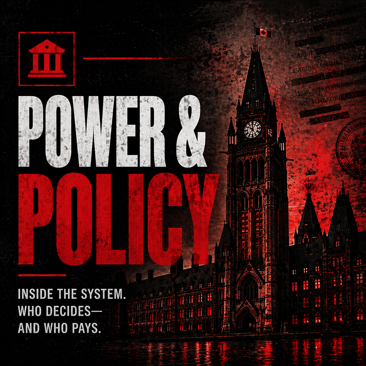 A dark, grunge-style book cover with a black and red color scheme. It features a tall, gothic-style clock tower with a flag on top. The text reads "Power & Privacy" in large, bold letters, and a smaller subtitle states "Inside the system. Who decides—and who pays." There are official-looking stamps and seals in the background.