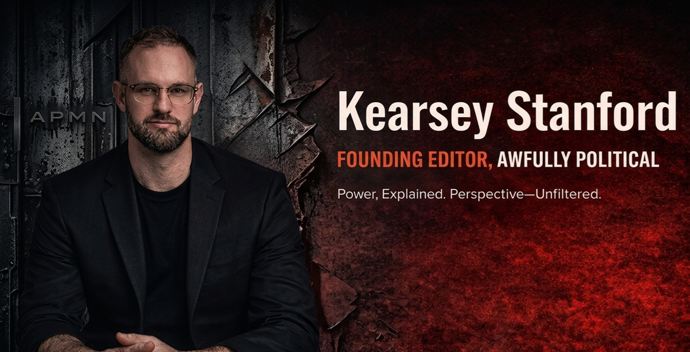 A person wearing glasses and a black blazer, with a beard and short hair, sitting in front of a textured dark and red background with a hole in the wall. To the right, text reads "Karsey Stanford, Founding Editor, Awfully Political," with a tagline that says "Power, Explained. Perspective—Unfiltered."