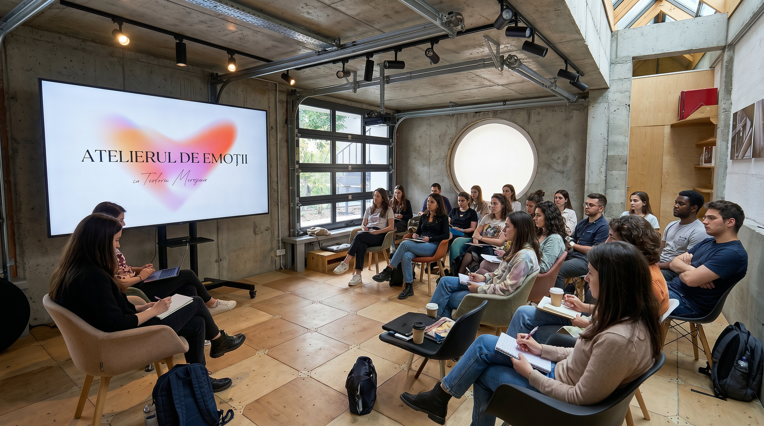 A group of people sitting in chairs attending a presentation or workshop in a modern industrial-style room with concrete walls and large windows. A large screen displays 'Atelierul de Emoții cu Teodora Moroșanu.'