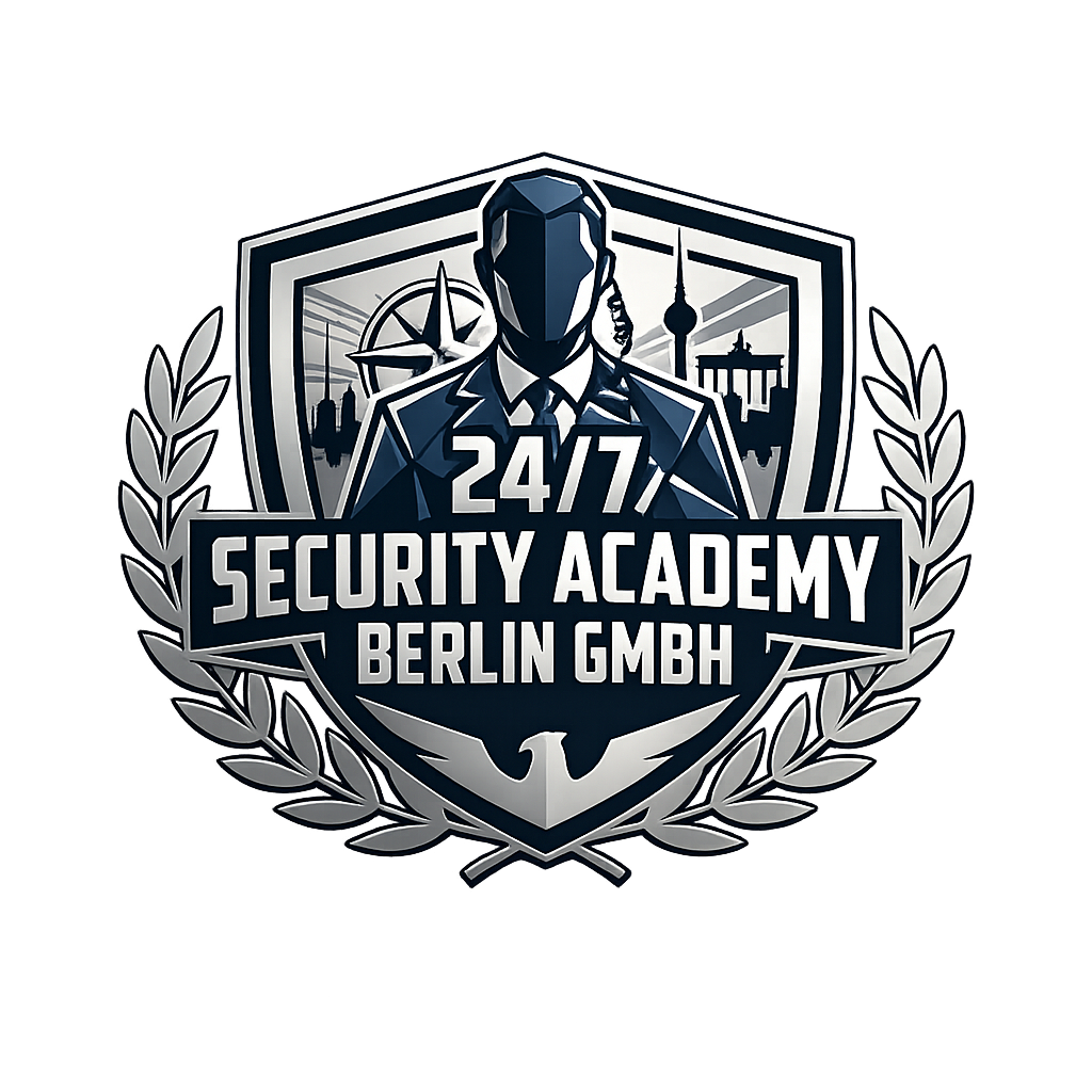 Logo einer Sicherheitsakademie in Berlin, mit einem maskierten Bewacher, umgeben von einem Lorbeerkranz, Skyline von Berlin im Hintergrund, Text: 24/7 Security Academy Berlin GmbH.