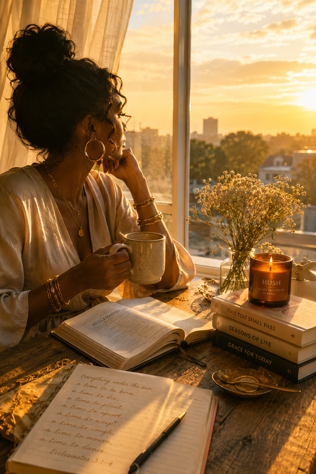 A beautiful woman gazing out golden morning sun window with sunlight reflection quiet space tea and journal gratitude for ordinary peaceful life