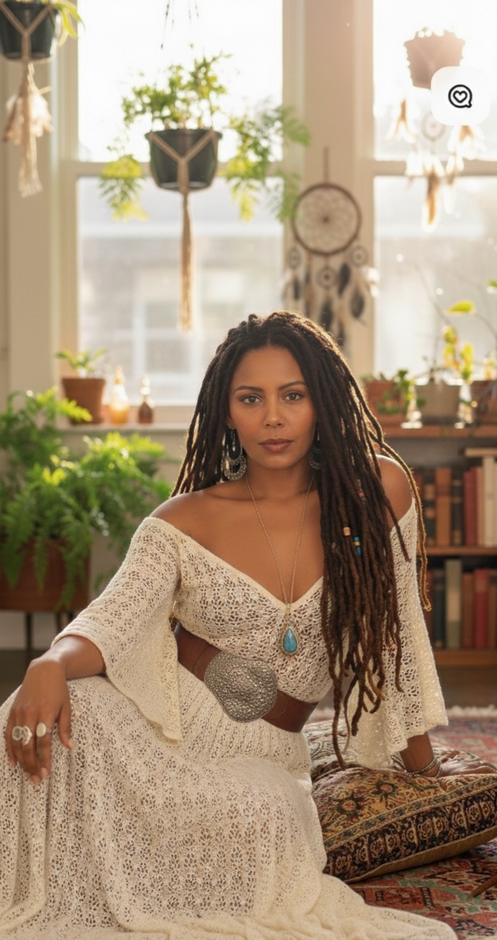 A woman with long locs in a white lace dress sitting in a serene, plant-filled room.
