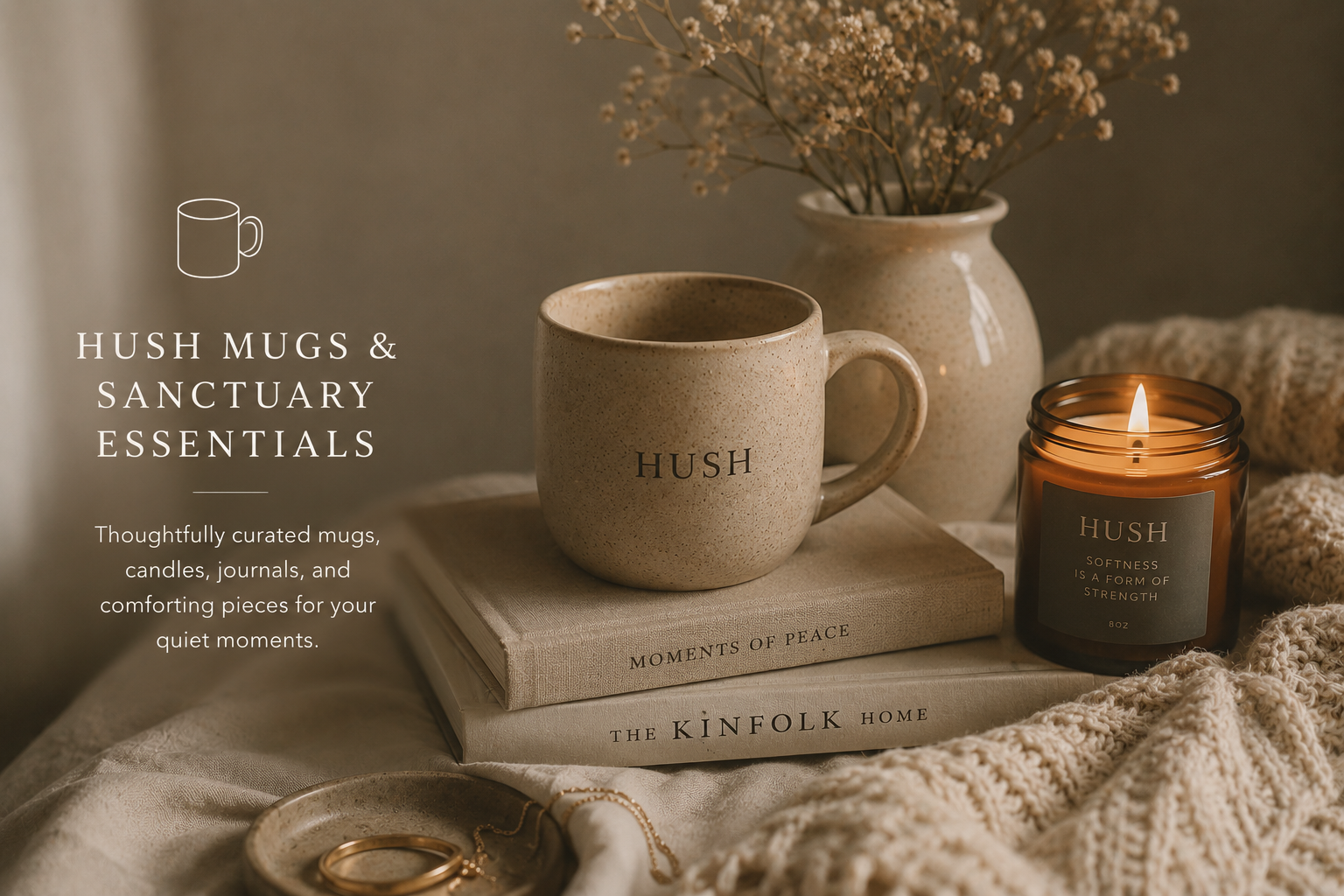 HUSH engraved mug candles home essentials decorative soft throw blanket jewelry dish vases