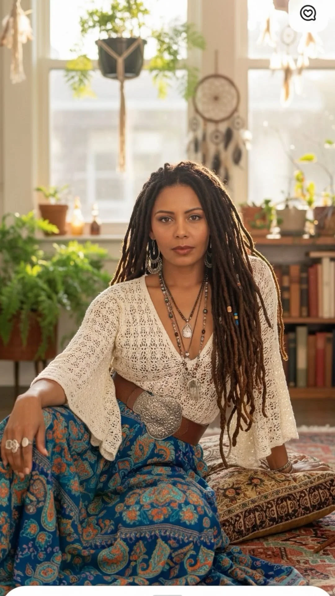 A radiant woman with long locs, wearing a white crochet top and vibrant blue patterned skirt, sitting in a sun-drenched boho-chic room filled with plants, books, and natural light.