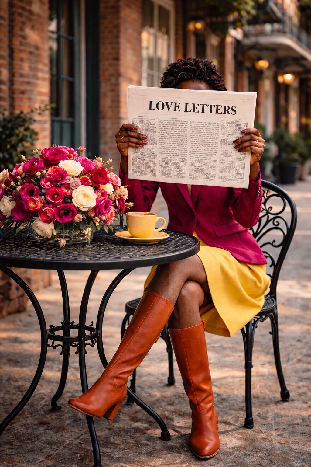 A woman sitting at an outdoor bistro-table with a bouquet of vibrant roses and a cup of tea, holding up a newspaper that reads 'LOVE LETTERS' to cover her face