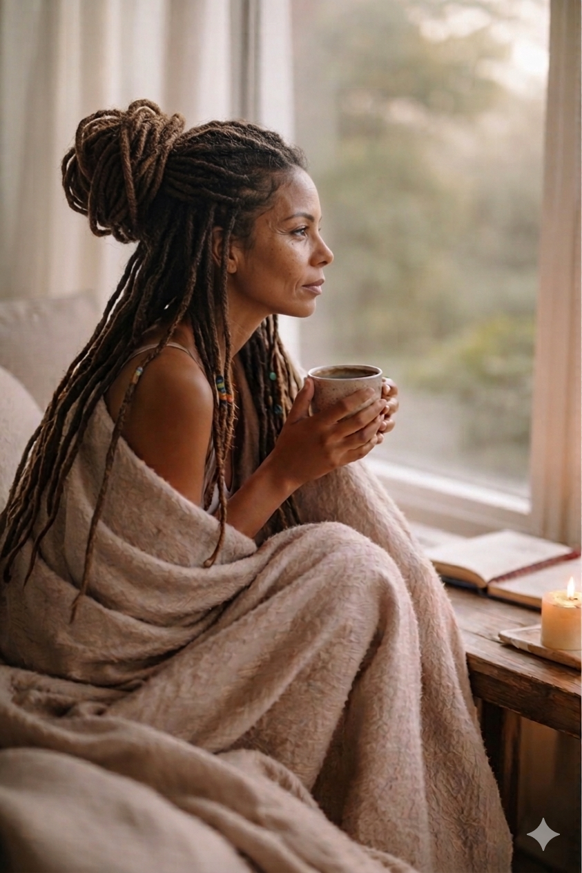 A serene woman with long locs wrapped in a soft beige blanket, sitting by a large window with natural light, and holding a warm mug of tea.