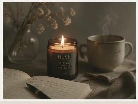 HUSH candle journal and mug steaming writing pen