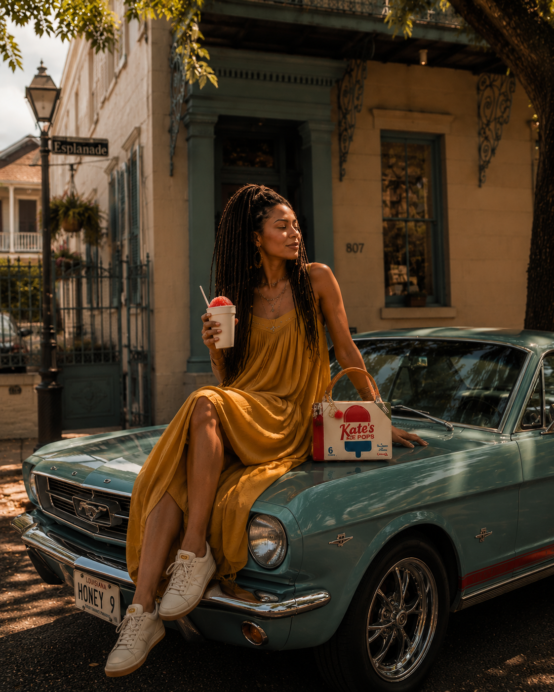 A Woman in a mustard Free People yellow dress sits on the hood of a vintage teal car holding a snowball on a warm summer day in New Orleans, capturing soft life, nostalgia, and feminine healing.