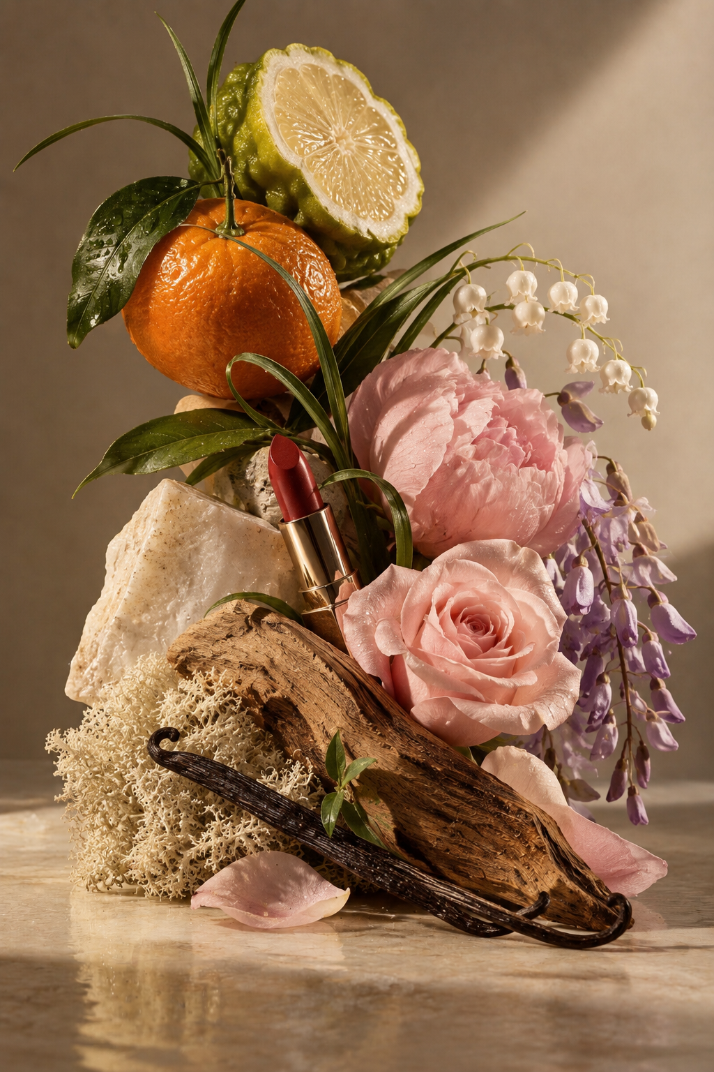 Composizione floreale con fiori rosa, fiori bianchi e lilla, frutta tra cui limone, pompelmo e mandarancio, pezzi di pietra, corteccia di albero, un bavaglio con un rossetto rosso, petali di fiori e foglie verdi, su una superficie di legno.