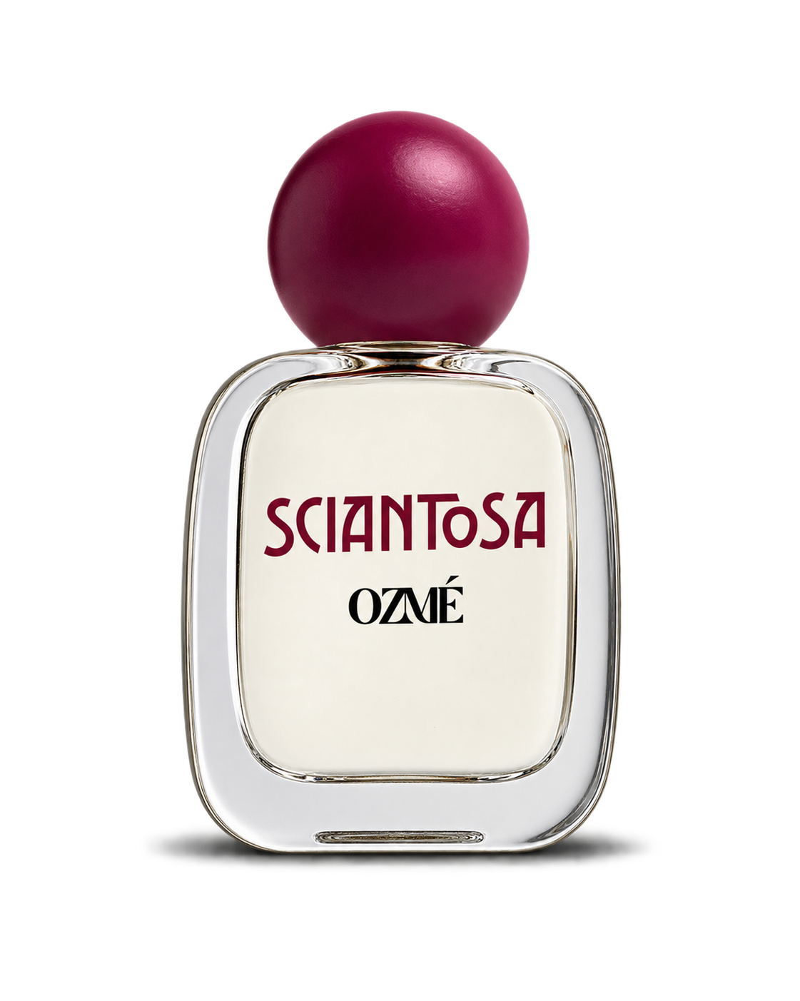Profumo di OZME Sciantosa, bottiglia con una sfumatura violacea sulla parte superiore e etichetta bianca con testo in rosso e nero.
