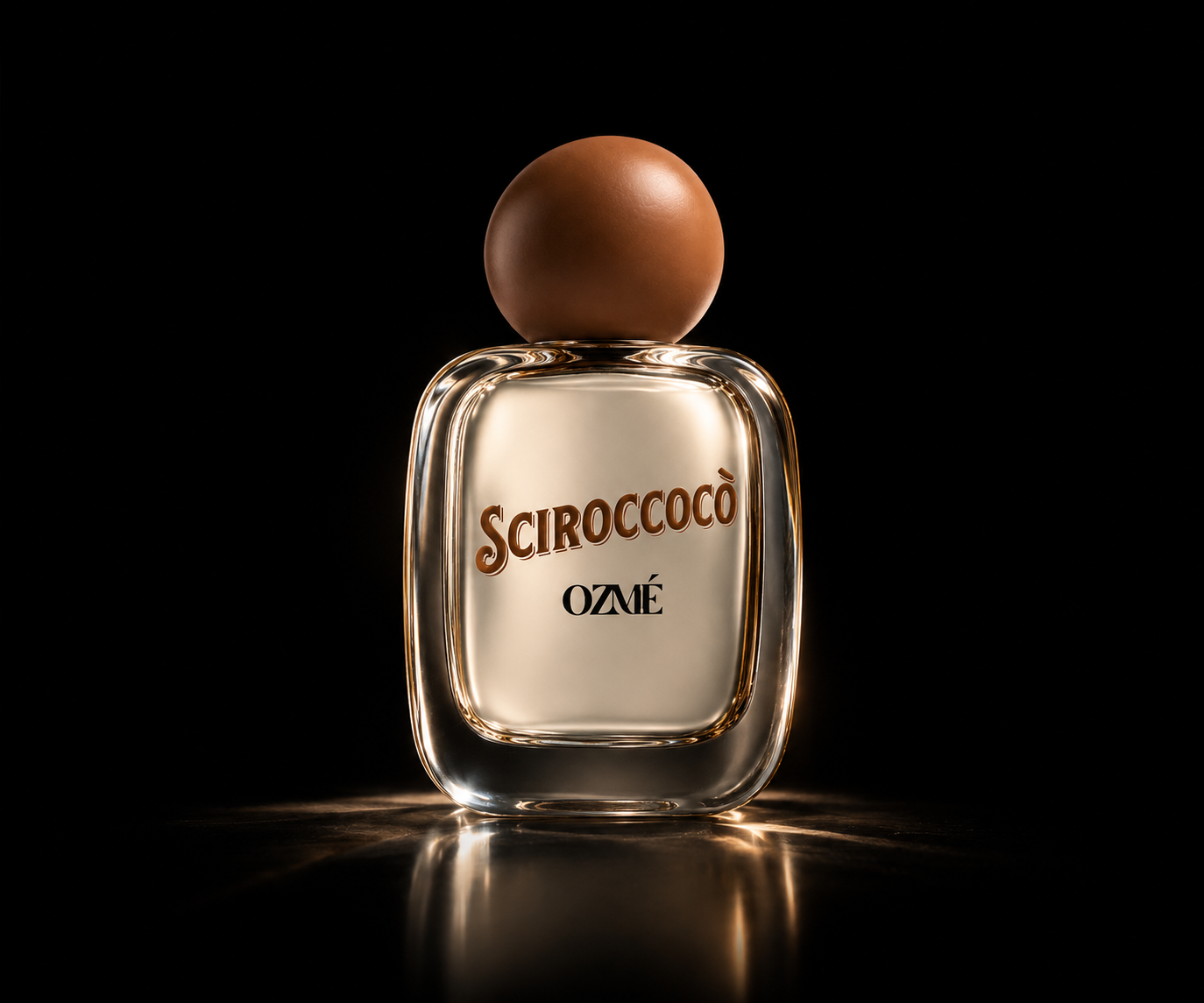 Una bottiglia di profumo con il nome 'Sciroccò OZMÉ' su sfondo nero, con una sfera di colore marrone sopra la bottiglia.