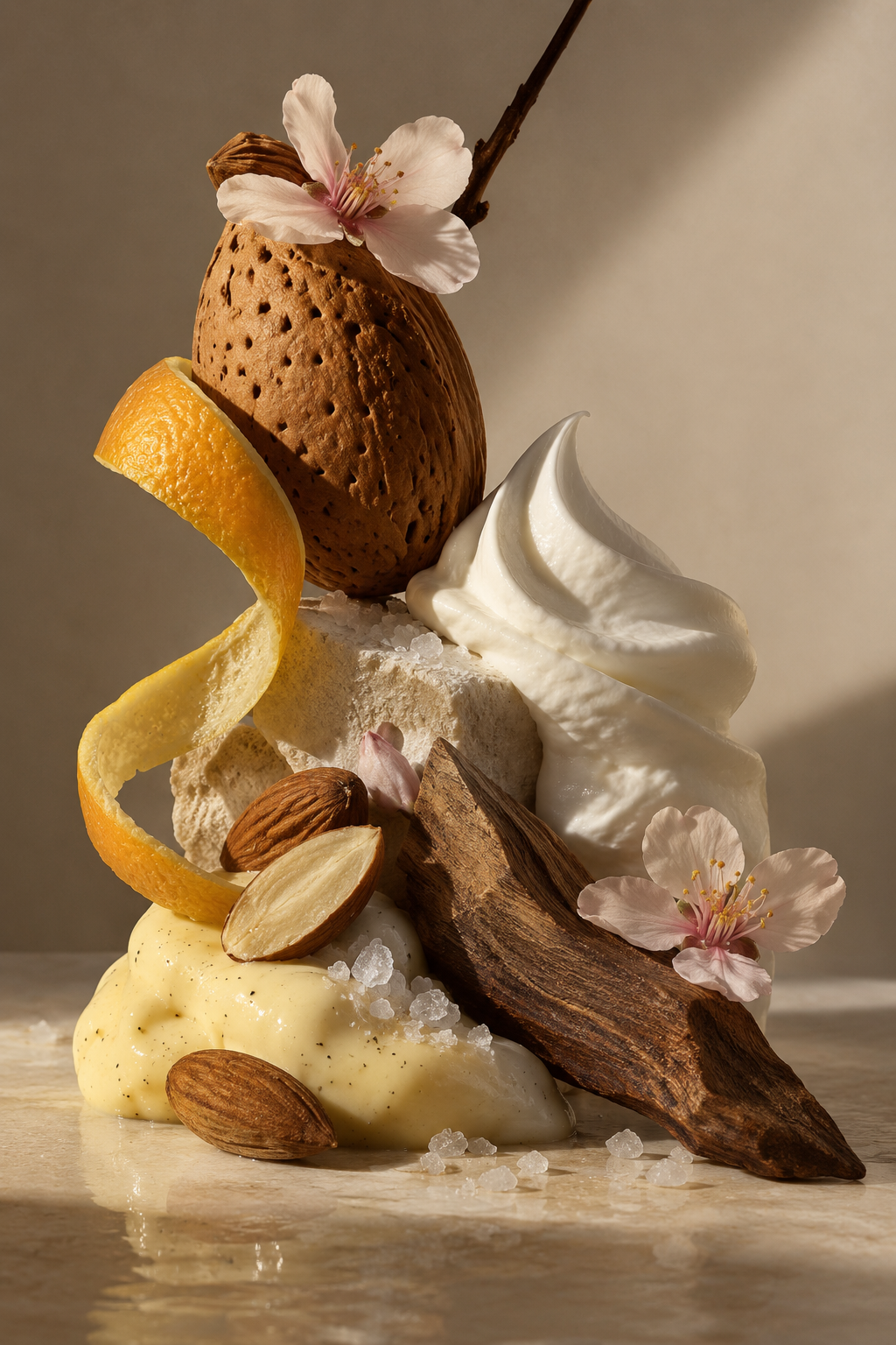 Un dolce decorato con crema, agrumi, mandorle, fiori e spezie