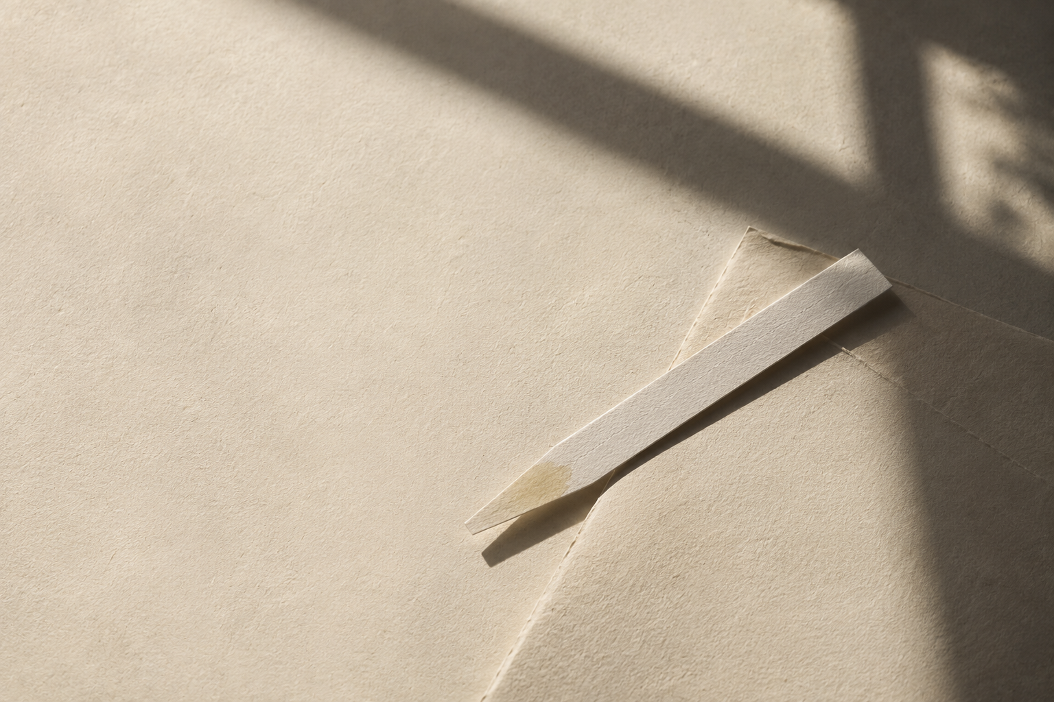 Un foglio di carta beige con un'altra striscia di carta sopra, con ombre e luci che creano un effetto di profondità.