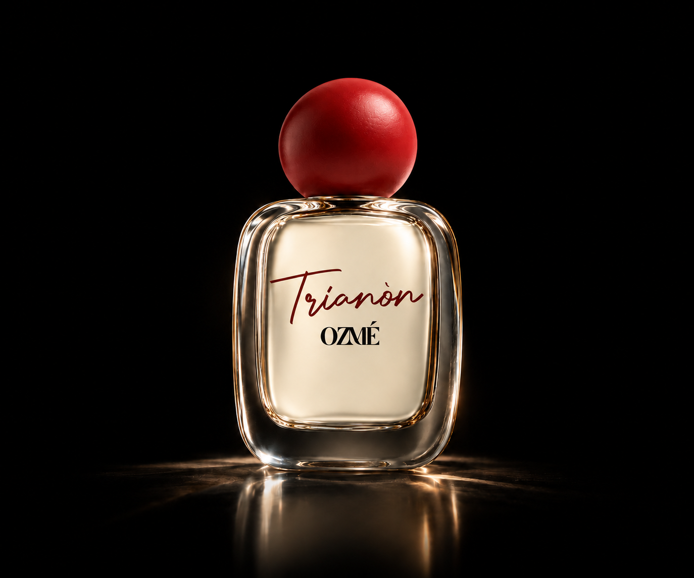 Flacone di profumo Trianon di OZMÈ con tappo rosso su sfondo nero.