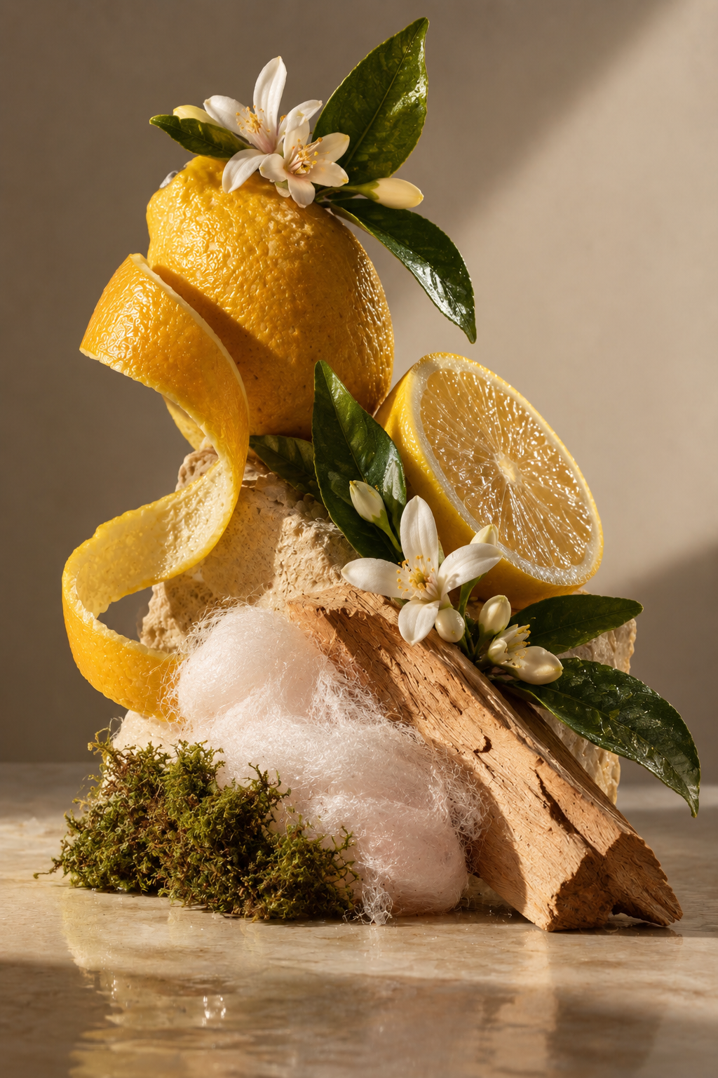 Una composizione artistica con limoni, foglie verdi, fiori bianchi, corteccia di albero, muschio e spugna bianca.
