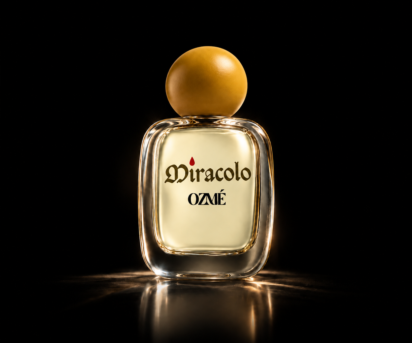 Bottiglia di profumo Miracolo OZME con tappo dorato su sfondo nero.