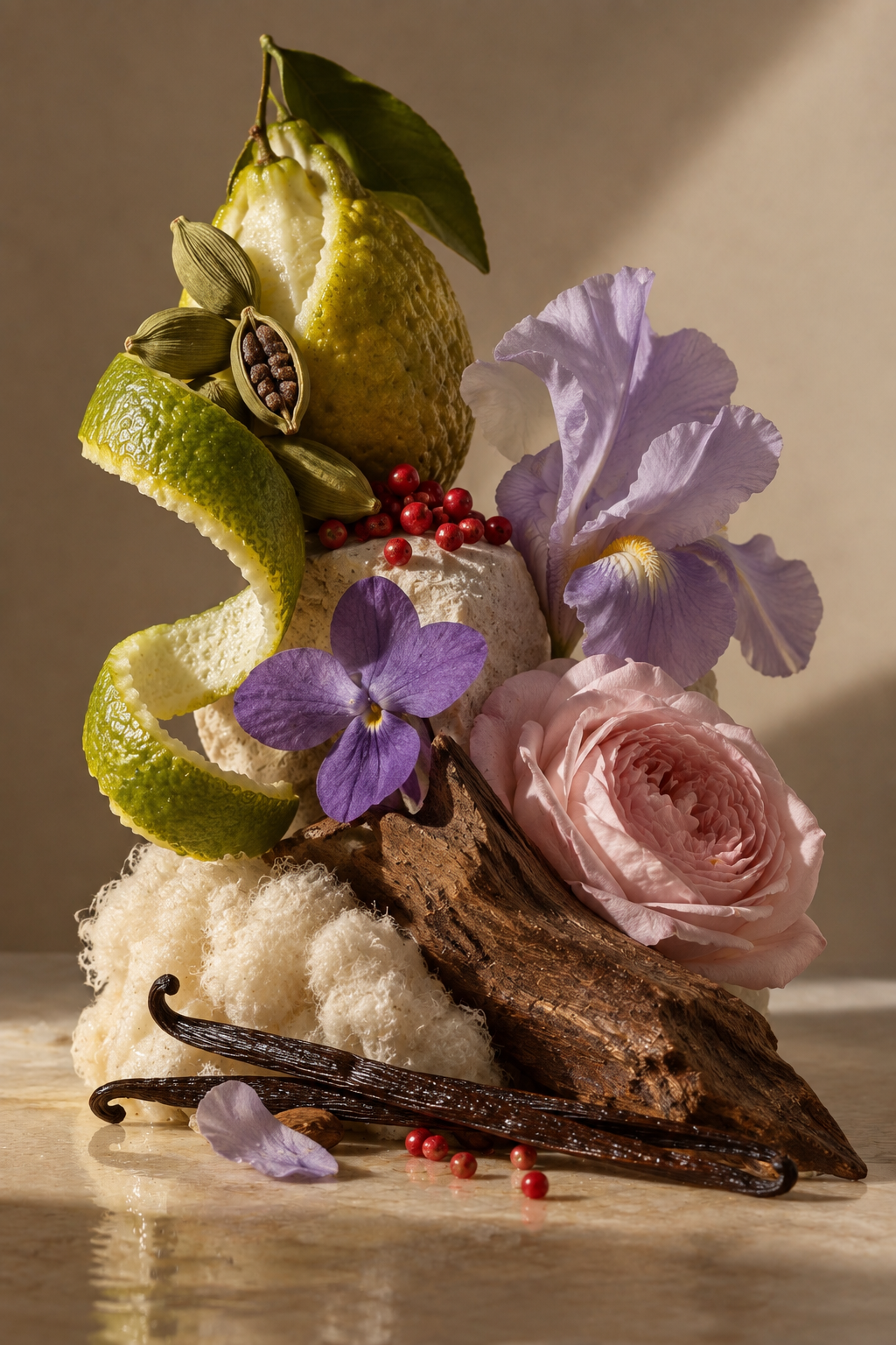 Decorazione musicale con fiori, agrumi, specie di vaniglia, fiore di impatiens, e ricciolo di vaniglia su base di spugna e legno