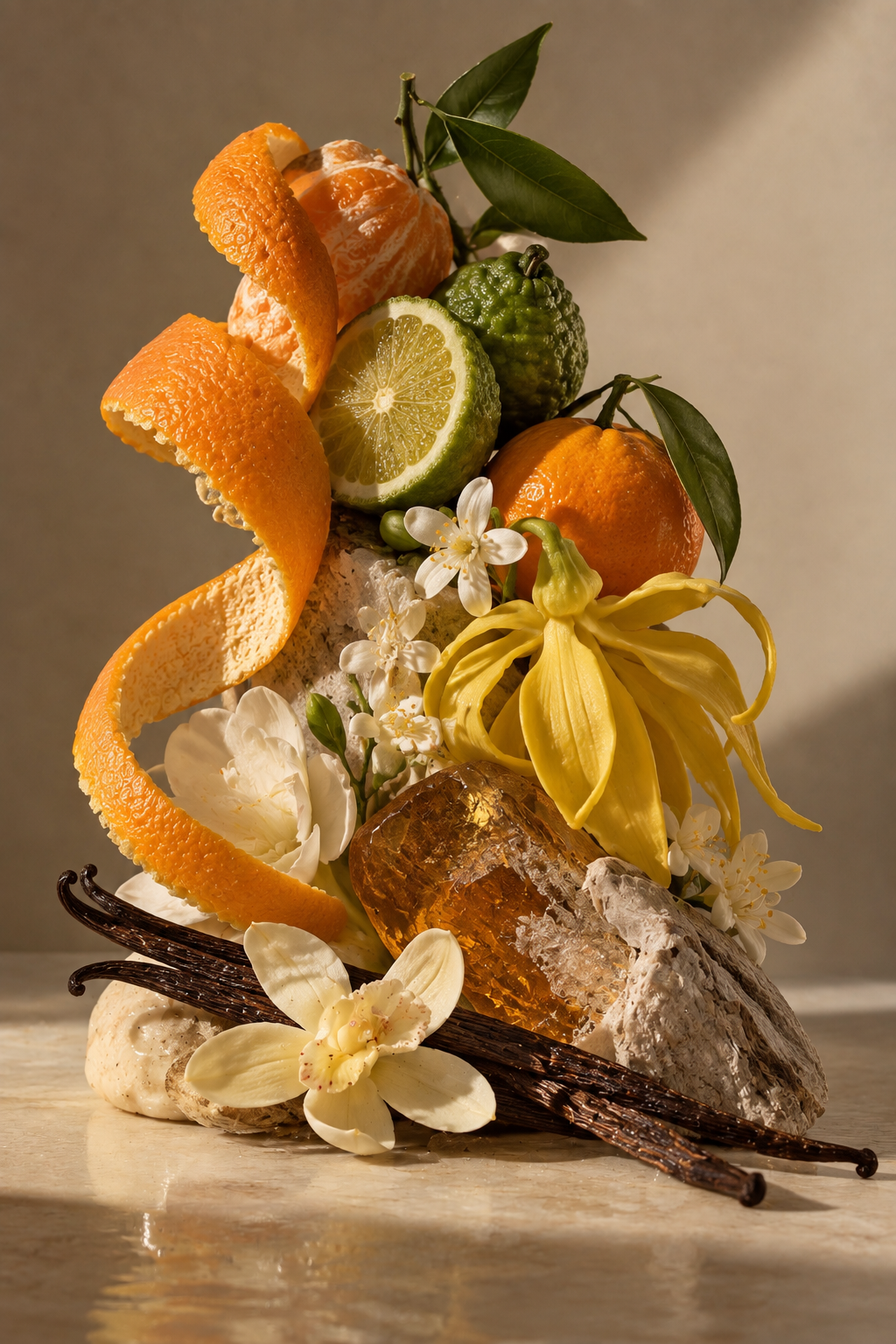 Composizione artistica di frutta, fiori e spezie, inclusi arance, limone, bergamotto, fior di ylang-ylang, vaniglia,Zenzero, Ed e altro, con un pezzo di affioramento di roccia e due bacche di vaniglia