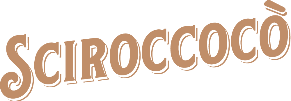 Logo con la parola "Sciroccò" in caratteri grandi e stilizzati, di colore marrone