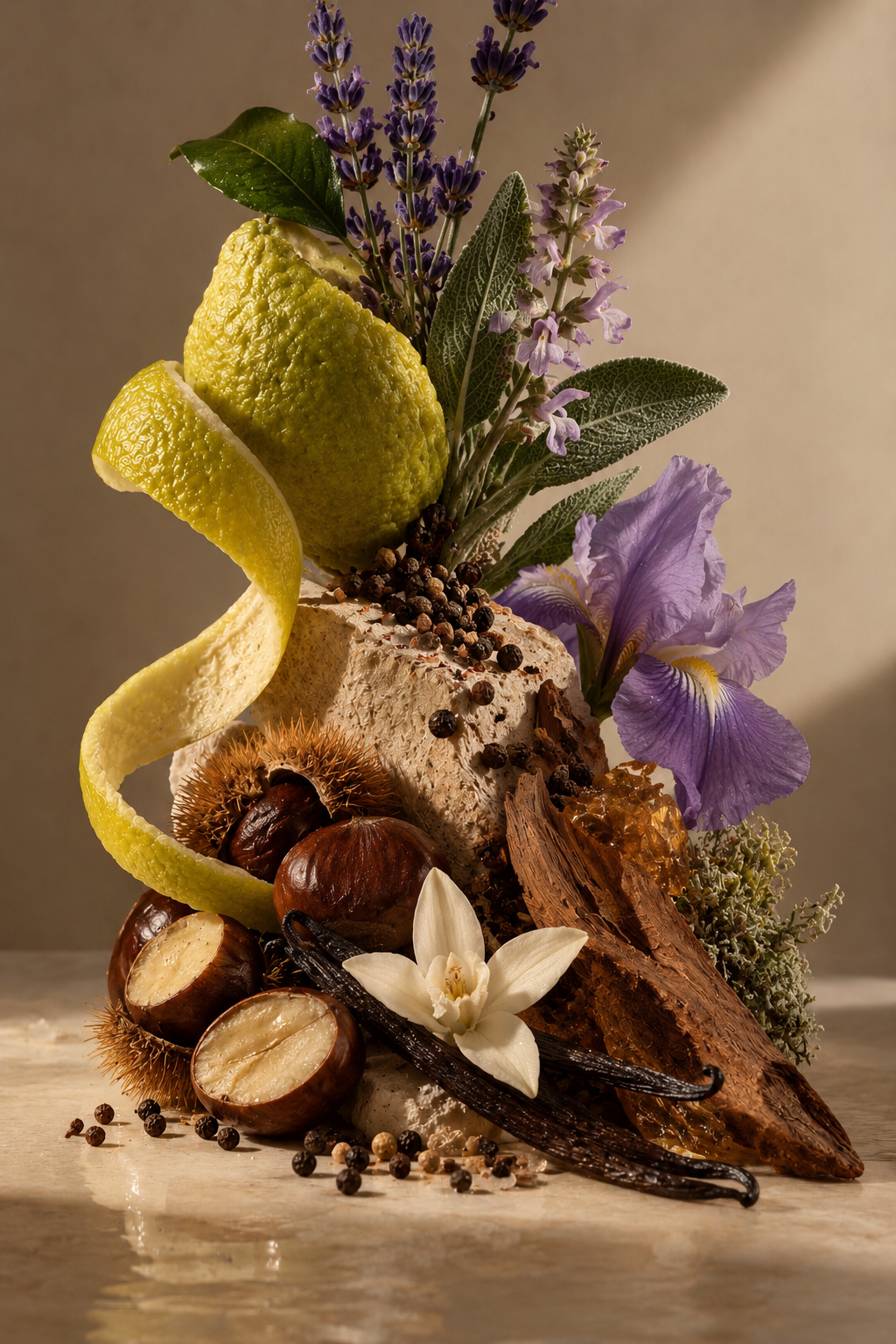 Composizione di erbe, fiori e spezie con limone, hazelnuts, vaniglia e pepe