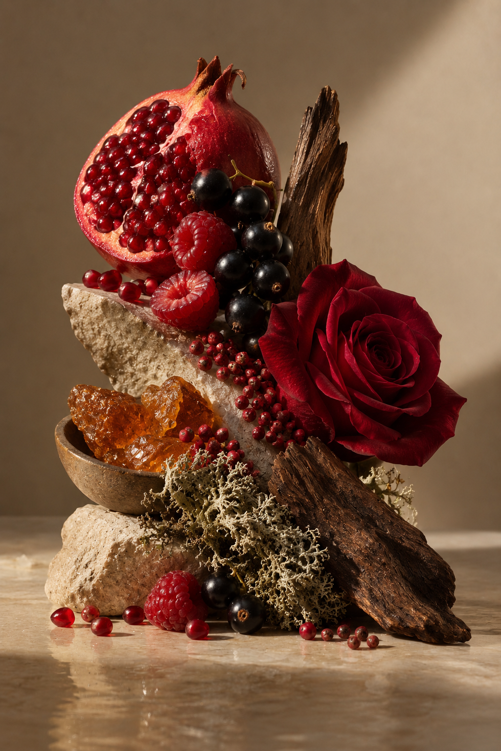 Composizione artistica di frutta, fiori e elementi naturali, tra cui melograno aperto, lamponi, uva nera, miele, una rosa rossa, lichen e cortecce, su una superficie di pietra.