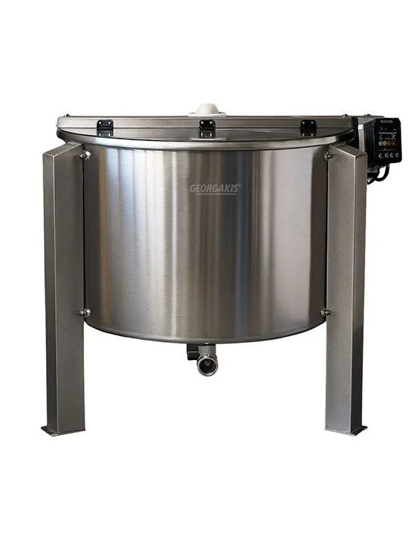 Stainless steel commercial kettle with control panel on the side, branded Georgakis.