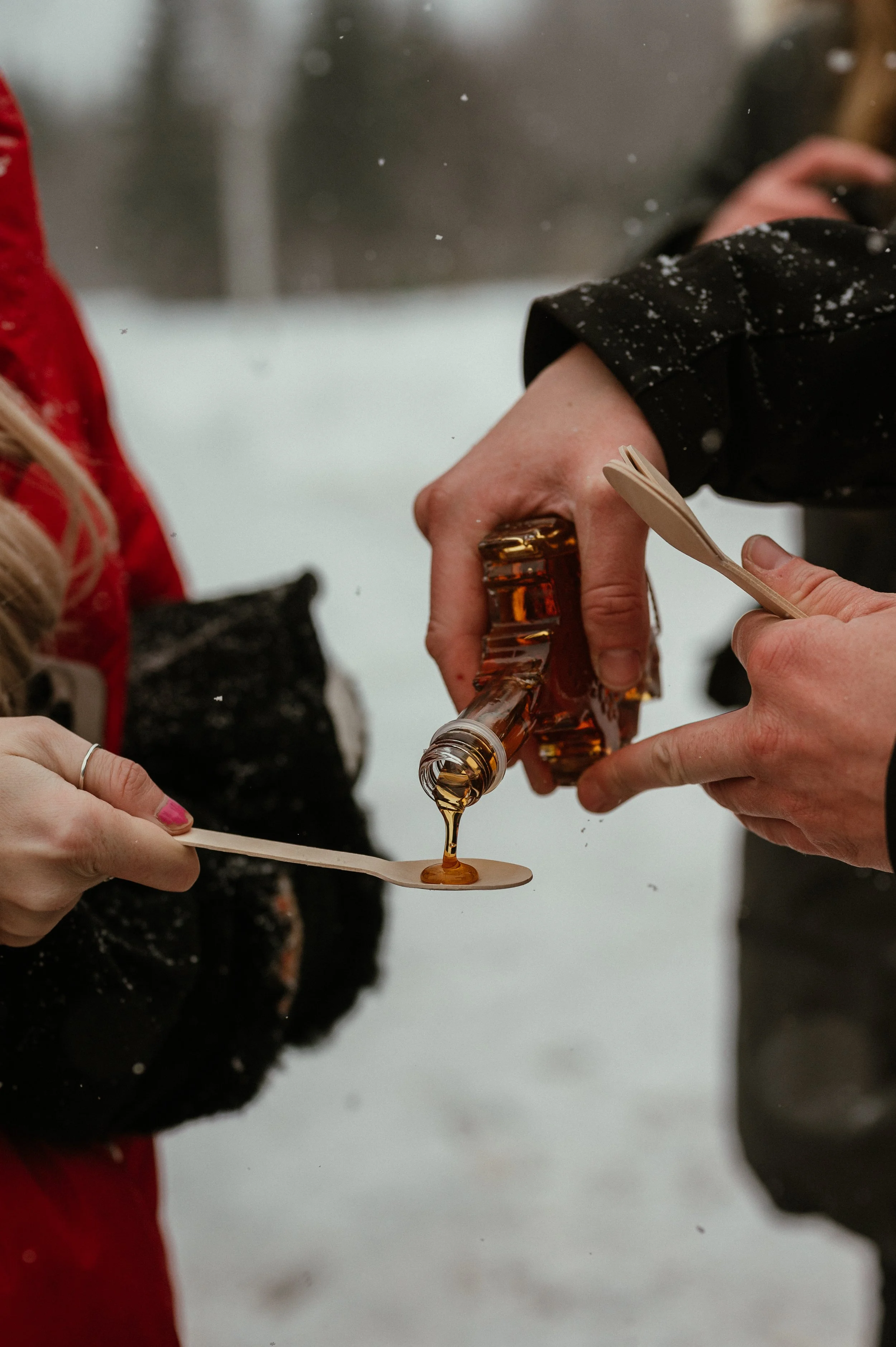 People pouring maple syrup onto snow from a wooden spoon during a Maple Adventure Tour in Cape Breton.
