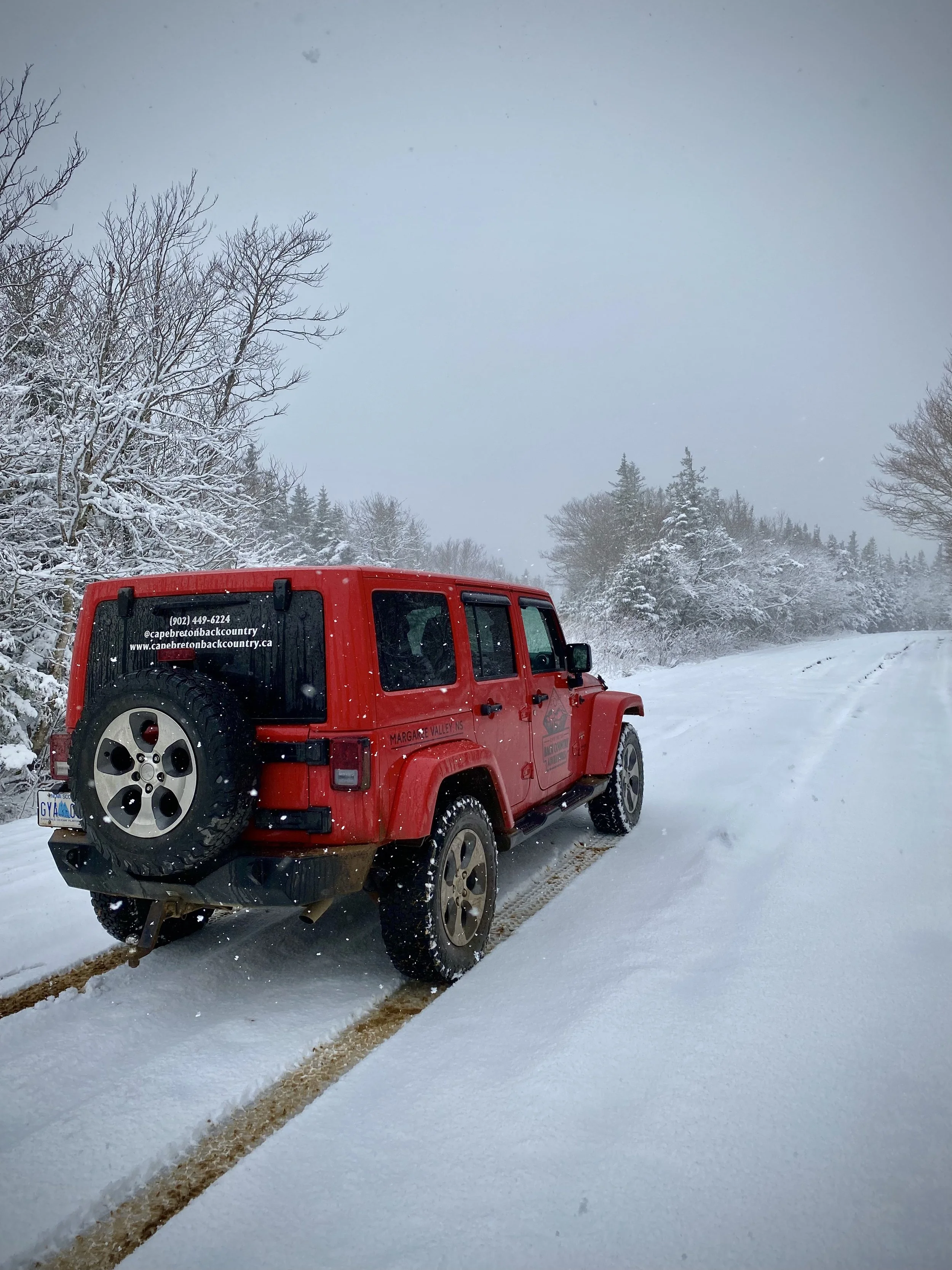 Red Jeep off-road vehicle on snowy winter road with snow-covered trees and overcast sky.