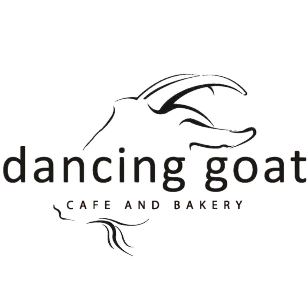 Logo for Dancing Goat Cafe and Bakery featuring a stylized goat's head and text.