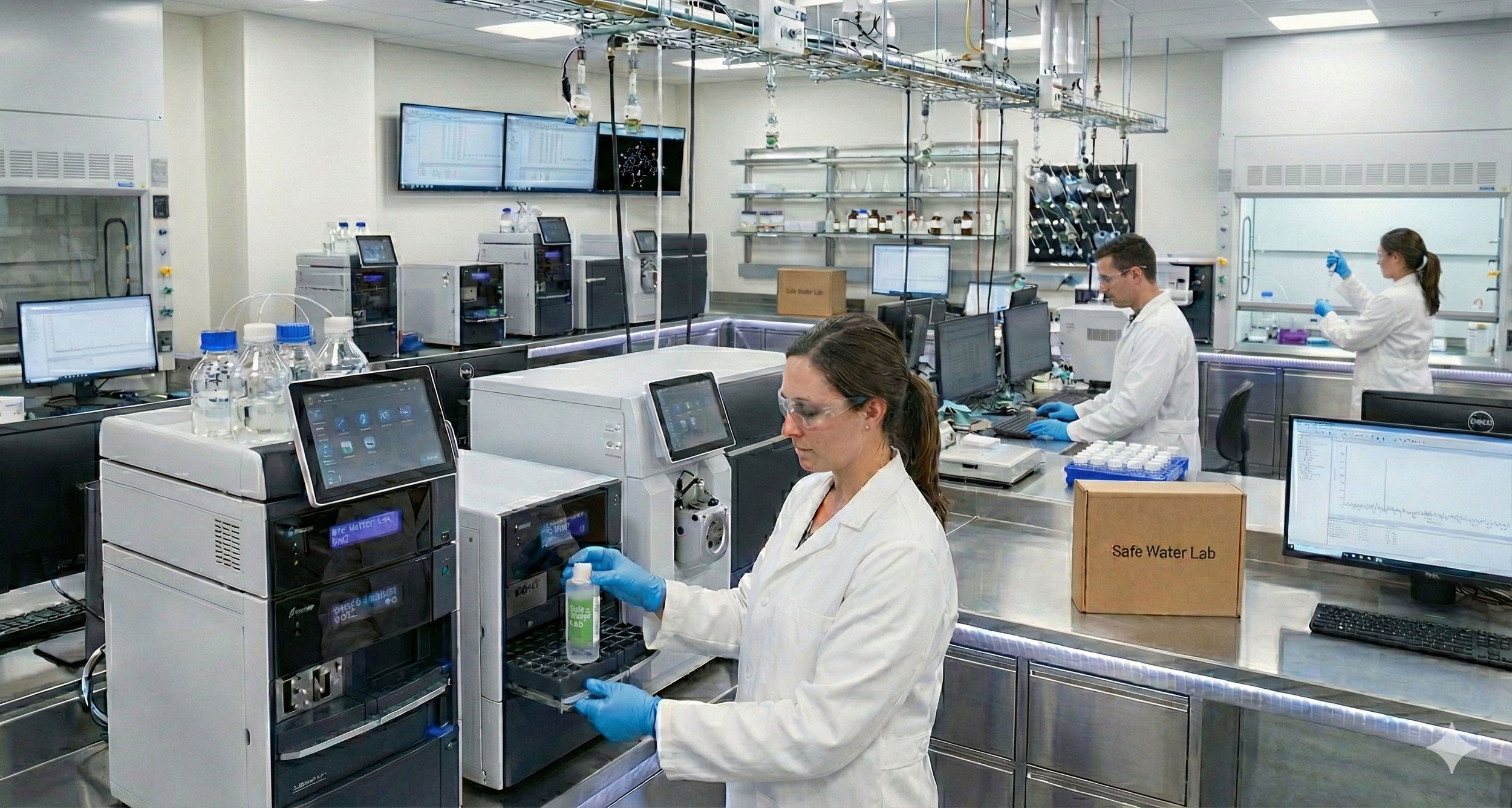 Two scientists in a laboratory, one male and one female, working at a table with large glass flasks filled with blue liquid, surrounded by lab equipment and shelves with chemicals, with a clock showing 2:15.