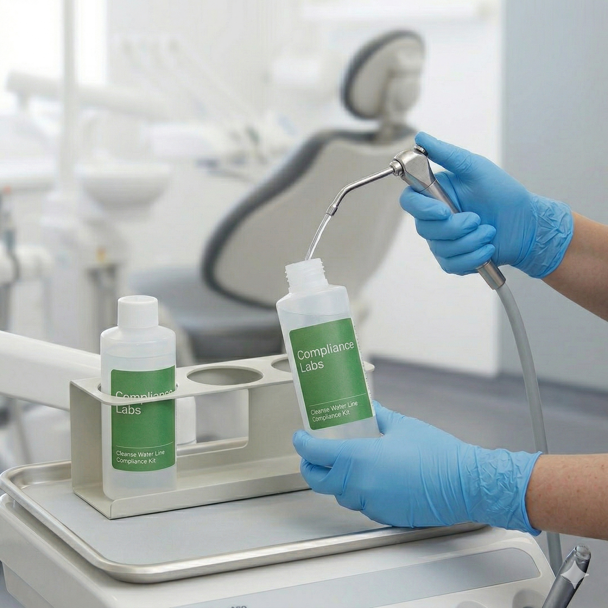 Illustration of a woman cleaning a kitchen countertop with cleaning spray, near the sink, with various cleaning supplies on the counter.