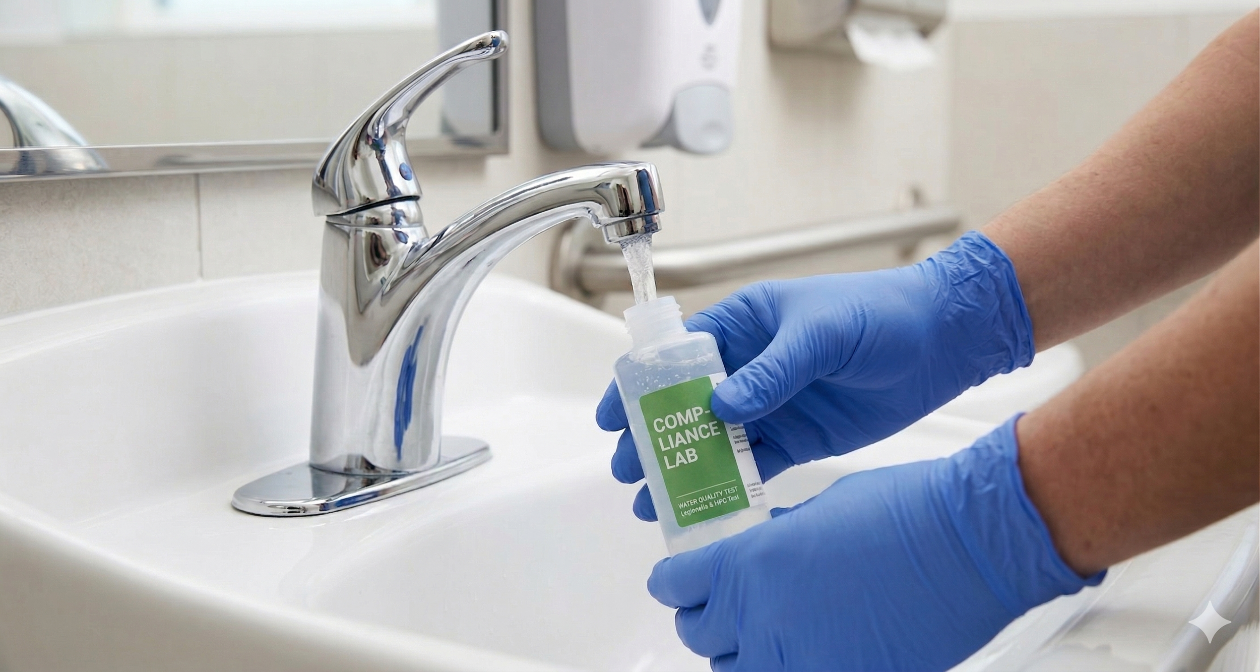 Illustration of a woman cleaning a kitchen countertop with cleaning spray, near the sink, with various cleaning supplies on the counter.